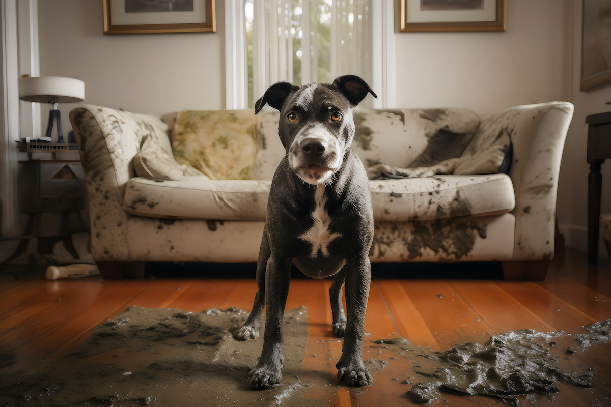 dog smeared mud in lounge room, made with generative ai