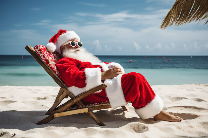 Santa on a beach after the holidays carpet clean