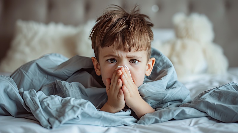 Caucasian little boy feeling ill. He in bed at home and blowing his nose. Despite the sniffles, this resilient little boy finds solace in his cozy bed.