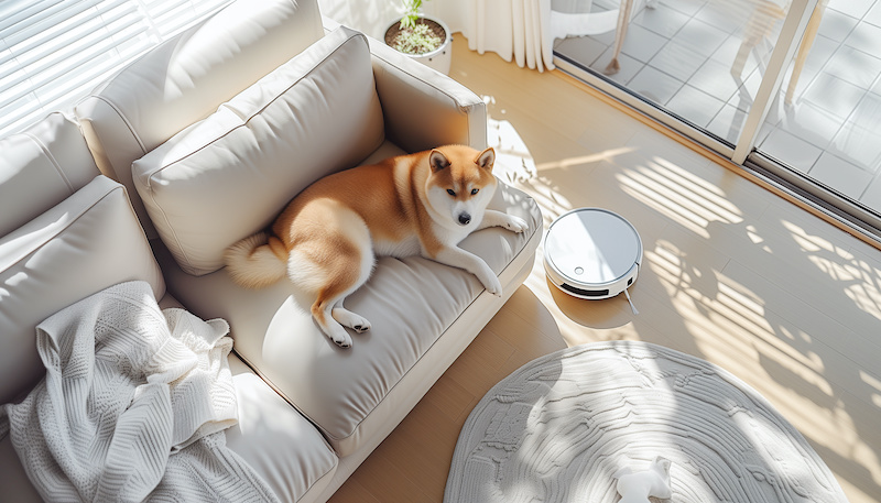 Cute purebred funny Shiba Inu lying on comfortable sofa with modern vacuum cleaner robot smart device cleaning living room. Allergy prevention during home pets Fur Moulting, smart home technology.