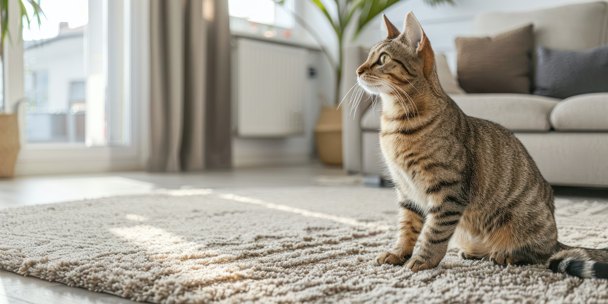 Cute cat indoors sitting on a carpet on blur living room background.