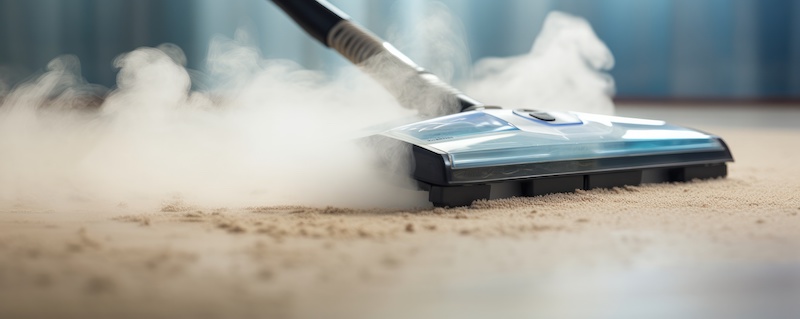 A Steam Vapor Cleaner Efficiently Removing Dirt From A Carpet Within A Flat Exemplifying Effective Cleaning Techniques . Сoncept Steam Vapor Cleaning, Efficient Carpet Cleaning